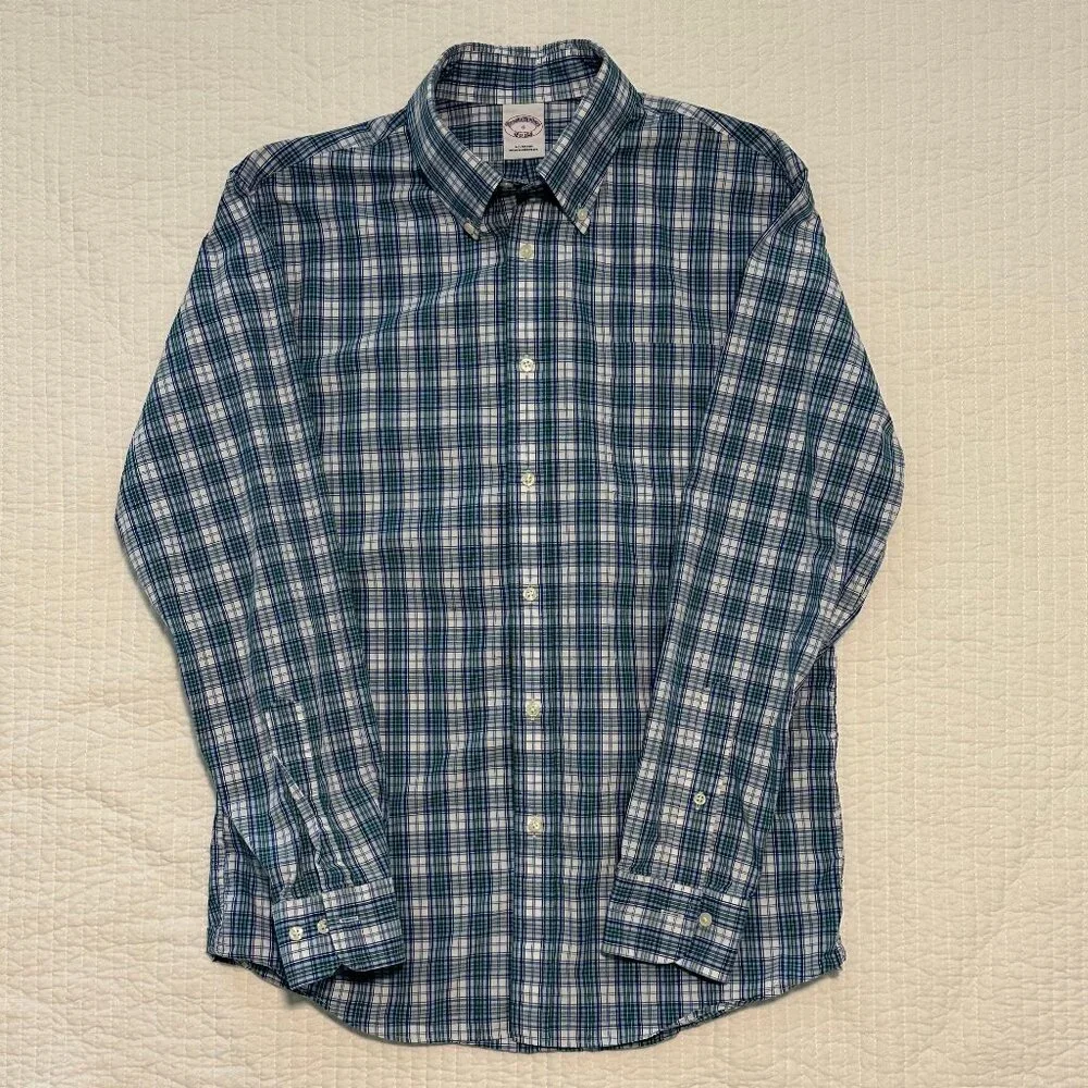 Brooks Brothers Blue Green White Plaid Button Down Shirt Mens Size S